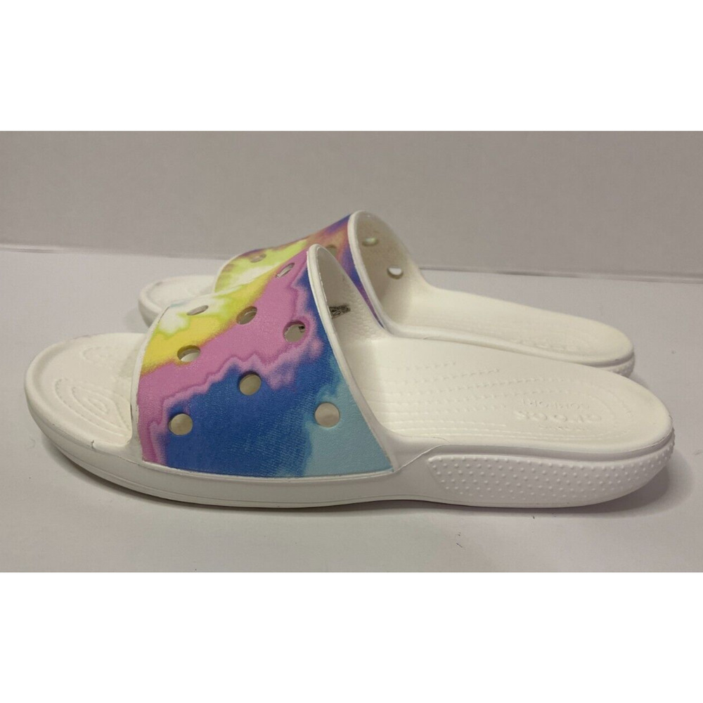 Crocs Iconic Comfort Slides Women's Sz 8 White Pastel Tie Dye Pink Yellow Blue - Picture 2 of 7